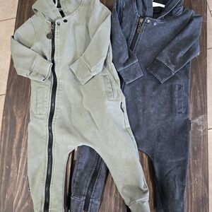 Kids Hooded Jumpsuit Set - Olive Green and Charcoal